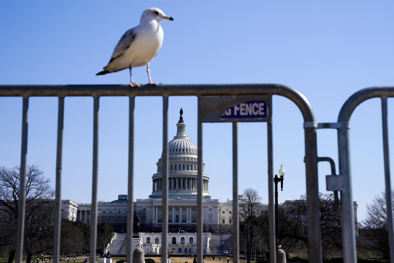 A seagull sits on a barricade and the dome of the U.S. Capitol building can be seen looming in the background, prior to the arrival of several convoys of truckers and others who plan to protest COVID-related mandates, in Washington, DC, on March 5, 2022.