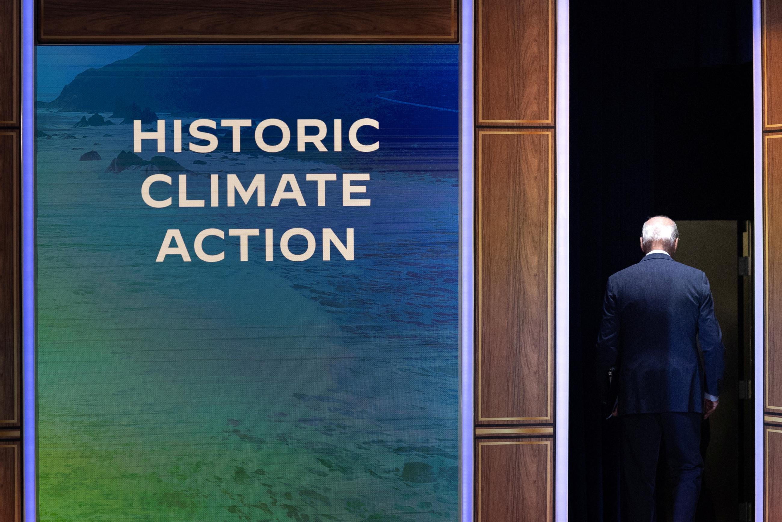 U.S. President Joe Biden walks off stage following his remarks on the White House initiative on climate change.